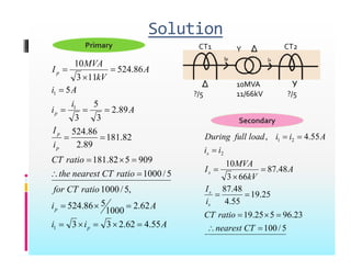 Solution
Primary Y Δ
CT1 CT2
A
kV
MVA
Ip 86
.
524
11
3
10



10MVA
Y Δ
Δ Y
A
i
i
A
i
p 89
.
2
3
5
3
5
1
1




S d
10MVA
11/66kV
Δ
?/5
Y
?/5
i
I
p
p
82
.
181
89
.
2
86
.
524
3
3

 55
.
4
,
2
2
1



i
i
A
i
i
load
full
During
Secondary
i
CT
f
ratio
CT
nearest
the
ratio
CT
5
/
1000
5
/
1000
909
5
82
.
181





48
87
48
.
87
66
3
10
2



I
A
kV
MVA
I
i
i
s
s
A
i
ratio
CT
for
p 62
.
2
1000
5
86
.
524
,
5
/
1000



23
.
96
5
25
.
19
25
.
19
55
.
4
48
.
87





ratio
CT
i
I
s
s
A
i
i p 55
.
4
62
.
2
3
3
1 



 5
/
100

 CT
nearest
 