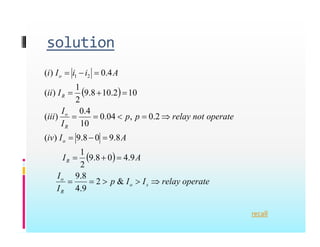 solution
solution
A
i
i
I
i o 

 4
.
0
)
( 2
1
 
I
I
ii R
o



4
0
10
2
.
10
8
.
9
2
1
)
(
)
( 2
1
A
I
iv
operate
not
relay
p
p
I
I
iii
R
o








8
9
0
8
9
)
(
2
.
0
,
04
.
0
10
4
.
0
)
(
  A
I
A
I
iv
R
o





9
.
4
0
8
.
9
2
1
8
.
9
0
8
.
9
)
(
operate
relay
I
I
p
I
I
s
o
R
o




 &
2
9
.
4
8
.
9
recall
 