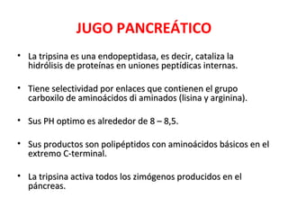 JUGO PANCREÁTICO
• La tripsina es una endopeptidasa, es decir, cataliza la
  hidrólisis de proteínas en uniones peptídicas internas.

• Tiene selectividad por enlaces que contienen el grupo
  carboxilo de aminoácidos di aminados (lisina y arginina).

• Sus PH optimo es alrededor de 8 – 8,5.

• Sus productos son polipéptidos con aminoácidos básicos en el
  extremo C-terminal.

• La tripsina activa todos los zimógenos producidos en el
  páncreas.
 