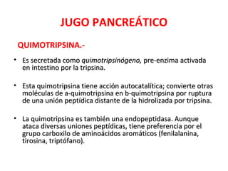 JUGO PANCREÁTICO
 QUIMOTRIPSINA.-
• Es secretada como quimotripsinógeno, pre-enzima activada
  en intestino por la tripsina.

• Esta quimotripsina tiene acción autocatalítica; convierte otras
  moléculas de a-quimotripsina en b-quimotripsina por ruptura
  de una unión peptídica distante de la hidrolizada por tripsina.

• La quimotripsina es también una endopeptidasa. Aunque
  ataca diversas uniones peptídicas, tiene preferencia por el
  grupo carboxilo de aminoácidos aromáticos (fenilalanina,
  tirosina, triptófano).
 