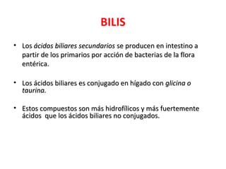 BILIS
• LosLos ácidos biliares secundariosácidos biliares secundarios se producen en intestino ase producen en intestino a
partir de los primarios por acción de bacterias de la florapartir de los primarios por acción de bacterias de la flora
entérica.entérica.
• Los ácidos biliares es conjugado en hígado conLos ácidos biliares es conjugado en hígado con glicina oglicina o
taurina.taurina.
• Estos compuestos son más hidrofílicos y más fuertementeEstos compuestos son más hidrofílicos y más fuertemente
ácidos que los ácidos biliares no conjugados.ácidos que los ácidos biliares no conjugados.
 