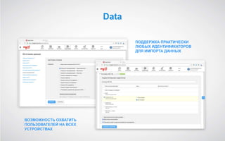 Data
ВОЗМОЖНОСТЬ ОХВАТИТЬ
ПОЛЬЗОВАТЕЛЕЙ НА ВСЕХ
УСТРОЙСТВАХ
ПОДДЕРЖКА ПРАКТИЧЕСКИ
ЛЮБЫХ ИДЕНТИФИКАТОРОВ
ДЛЯ ИМПОРТА ДАННЫХ
 