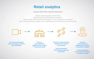 Retail analytics
НОВЫЕ МЕТРИКИ ЭФФЕКТИВНОСТИ
Новые и вернувшиеся посетители
Среднее время пребывания в магазине
Capture rate (соотношение пришедших в ТЦ и зашедших в магазин)
Gross Shopping Hours (сумма минут пребывания в магазине всех посетителей)
По итогам рекламной
кампании будут доступны
новые метрики
Сколько
пользователей,
видевших РК, пришли
в торговый центр
Сколько пользователей,
видевших РК, дошли
до магазина
Сколько времени
пользователи провели
в магазине
Сколько
пользователей,
видевших РК, дошли
до целевого отдела
Сколько времени
пользователи провели
в целевом отделе
 