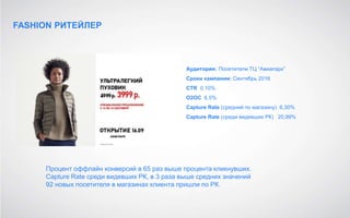 FASHION РИТЕЙЛЕР
Аудитория: Посетители ТЦ “Авиапарк”
Сроки кампании: Сентябрь 2016
CTR 0,10%
O2OC 6,5%
Capture Rate (средний по магазину) 6,30%
Capture Rate (среди видевших РК) 20,99%
Процент оффлайн конверсий в 65 раз выше процента кликнувших.
Сapture Rate среди видевших РК, в 3 раза выше средних значений
92 новых посетителя в магазинах клиента пришли по РК.
 