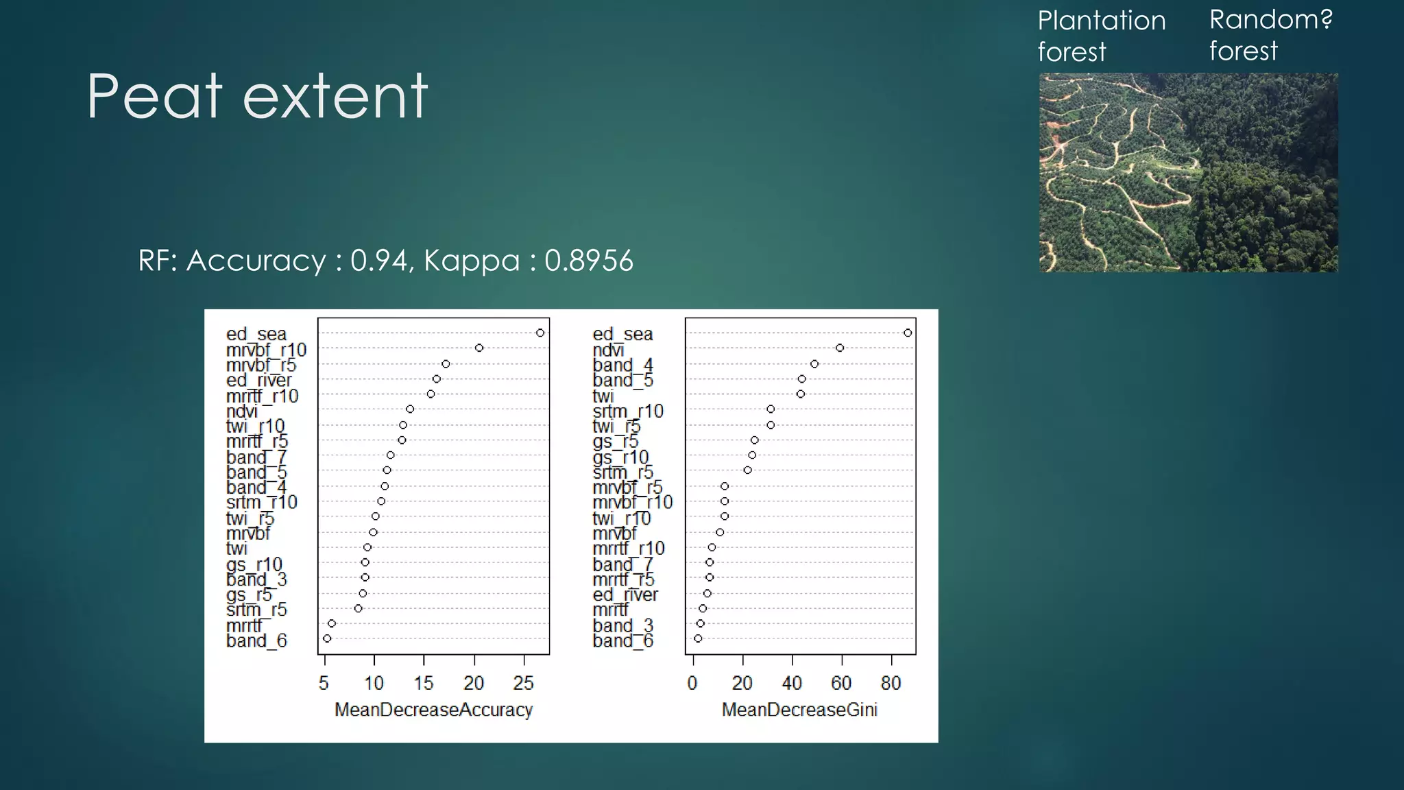 Peat extent
RF: Accuracy : 0.94, Kappa : 0.8956
Plantation
forest
Random?
forest
 