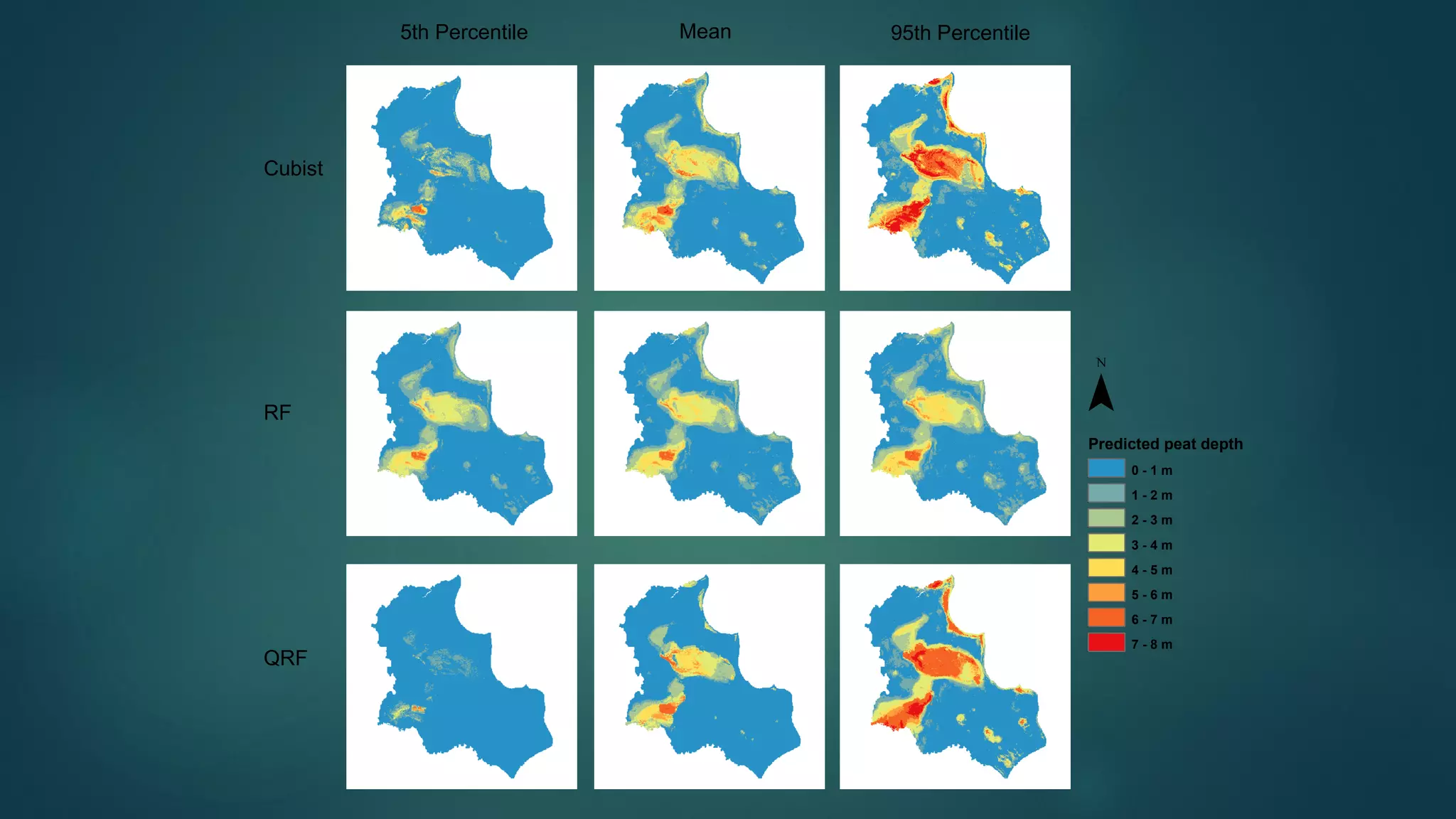 ¯Predicted peat depth
0 - 1 m
1 - 2 m
2 - 3 m
3 - 4 m
4 - 5 m
5 - 6 m
6 - 7 m
7 - 8 m
Mean 95th Percentile5th Percentile
QRF
RF
Cubist
 