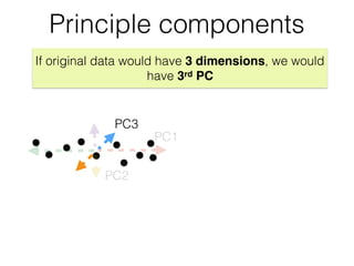 Principle components
PC1
PC2
If original data would have 3 dimensions, we would
have 3rd PC
PC3
 