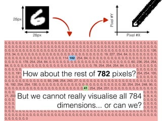 0, 0, 0, 0, 0, 0, 0, 0, 0, 0, 0, 0, 0, 0, 0, 0, 0, 0, 0, 0, 0, 0, 0, 0, 0, 0, 0, 0, 0, 0, 0, 0, 0, 0, 0, 0, 0, 0, 0, 0, 0, 0, 0,
0, 0, 0, 0, 0, 0, 0, 0, 0, 0, 0, 0, 0, 0, 0, 0, 0, 0, 0, 0, 0, 0, 0, 0, 0, 0, 0, 0, 0, 0, 0, 0, 0, 0, 0, 0, 0, 0, 0, 0, 0, 0, 0,
0, 0, 0, 0, 0, 0, 0, 0, 0, 0, 0, 0, 0, 0, 0, 0, 0, 0, 0, 0, 0, 0, 0, 0, 0, 0, 0, 0, 0, 0, 0, 0, 0, 0, 0, 0, 0, 0, 0, 0, 0, 126,
213, 34, 0, 0, 0, 0, 0, 0, 0, 0, 0, 0, 0, 0, 0, 0, 0, 0, 0, 0, 0, 0, 0, 0, 0, 0, 19, 227, 254, 84, 0, 0, 0, 0, 0, 0, 0, 0,
0, 0, 0, 0, 0, 0, 0, 0, 0, 0, 0, 0, 0, 0, 0, 0, 114, 254, 254, 84, 0, 0, 0, 0, 0, 0, 0, 0, 0, 0, 0, 0, 0, 0, 0, 0, 0, 0, 0,
0, 0, 0, 0, 0, 178, 254, 254, 84, 0, 0, 0, 0, 0, 0, 0, 0, 0, 0, 0, 0, 0, 0, 0, 0, 0, 0, 0, 0, 0, 0, 0, 60, 236, 254, 254,
84, 0, 0, 0, 0, 0, 0, 0, 0, 0, 0, 0, 0, 0, 0, 0, 0, 0, 0, 0, 0, 0, 0, 0, 78, 254, 254, 254, 84, 0, 0, 0, 0, 0, 0, 0, 0, 0,
0, 0, 0, 0, 0, 0, 0, 0, 0, 0, 0, 0, 0, 0, 78, 254, 254, 231, 56, 0, 0, 0, 0, 0, 0, 0, 0, 0, 0, 0, 0, 0, 0, 0, 0, 0, 0, 0, 0,
0, 0, 0, 191, 254, 254, 185, 0, 0, 0, 0, 0, 0, 0, 0, 0, 0, 0, 0, 0, 0, 0, 0, 0, 0, 0, 0, 0, 0, 0, 0, 233, 254, 254, 105,
0, 0, 0, 0, 0, 0, 0, 0, 0, 0, 0, 0, 0, 0, 0, 0, 0, 0, 0, 0, 0, 0, 0, 0, 233, 254, 254, 30, 0, 0, 0, 0, 0, 0, 0, 0, 0, 0, 0,
0, 0, 0, 0, 0, 0, 0, 0, 0, 0, 0, 0, 93, 248, 254, 243, 27, 0, 0, 0, 0, 0, 0, 0, 0, 0, 0, 0, 0, 0, 0, 0, 0, 0, 0, 0, 0, 0, 0,
16, 192, 254, 254, 130, 0, 0, 0, 0, 0, 0, 0, 0, 0, 0, 0, 0, 0, 0, 0, 0, 0, 0, 0, 0, 0, 0, 0, 32, 254, 254, 248, 95, 0,
0, 0, 0, 0, 0, 0, 0, 0, 0, 0, 0, 0, 0, 0, 0, 0, 0, 0, 0, 0, 0, 0, 41, 254, 254, 231, 0, 0, 0, 0, 0, 0, 0, 0, 0, 0, 0, 0, 0,
0, 0, 0, 0, 0, 0, 0, 0, 0, 0, 0, 186, 254, 254, 160, 0, 0, 0, 0, 0, 0, 0, 0, 0, 0, 0, 0, 0, 0, 0, 0, 0, 0, 0, 0, 0, 0, 0,
21, 203, 254, 188, 12, 0, 0, 0, 0, 0, 0, 0, 0, 0, 0, 0, 0, 0, 0, 0, 0, 0, 0, 0, 0, 0, 0, 0, 86, 254, 255, 179, 8, 4, 0,
0, 0, 0, 0, 0, 0, 0, 0, 0, 0, 0, 0, 0, 0, 0, 0, 0, 0, 0, 0, 0, 86, 254, 254, 254, 254, 130, 0, 0, 0, 0, 0, 0, 0, 0, 0, 0,
0, 0, 0, 0, 0, 0, 0, 0, 0, 0, 0, 0, 68, 240, 254, 254, 250, 103, 0, 0, 0, 0, 0, 0, 0, 0, 0, 0, 0, 0, 0, 0, 0, 0, 0, 0, 0,
0, 0, 0, 0, 92, 255, 207, 91, 0, 0, 0, 0, 0, 0, 0, 0, 0, 0, 0, 0, 0, 0, 0, 0, 0, 0, 0, 0, 0, 0, 0, 0, 0, 0, 0, 0, 0, 0, 0, 0,
0, 0, 0, 0, 0, 0, 0, 0, 0, 0, 0, 0, 0, 0, 0, 0, 0, 0, 0, 0, 0, 0, 0, 0, 0, 0, 0, 0, 0, 0, 0, 0, 0, 0, 0, 0, 0, 0, 0, 0, 0, 0, 0,
0, 0, 0, 0, 0, 0, 0, 0, 0, 0, 0, 0, 0, 0, 0, 0, 0, 0, 0, 0, 0, 0, 0, 0, 0, 0, 0, 0, 0, 0, 0, 0, 0, 0, 0, 0, 0, 0, 0, 0, 0, 0, 0,
0, 0, 0, 0, 0, 0, 0
28px
28px Pixel #X
Pixel#Y
41
How about the rest of 782 pixels?
102
But we cannot really visualise all 784
dimensions... or can we?
 