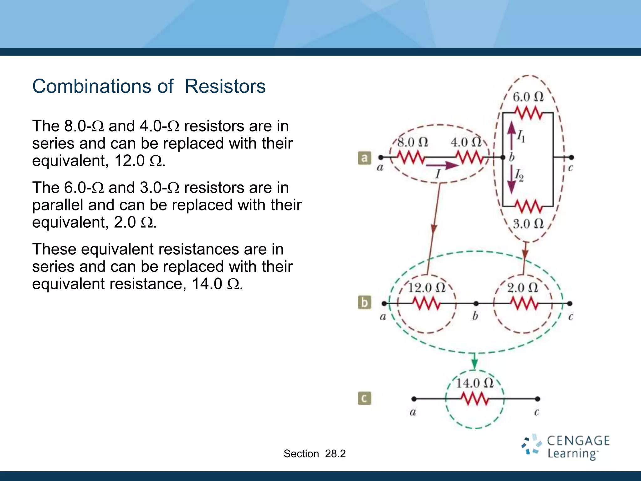 Combinations of Resistors
The 8.0-W and 4.0-W resistors are in
series and can be replaced with their
equivalent, 12.0 W
The 6.0-W and 3.0-W resistors are in
parallel and can be replaced with their
equivalent, 2.0 W
These equivalent resistances are in
series and can be replaced with their
equivalent resistance, 14.0 W
Section 28.2
 