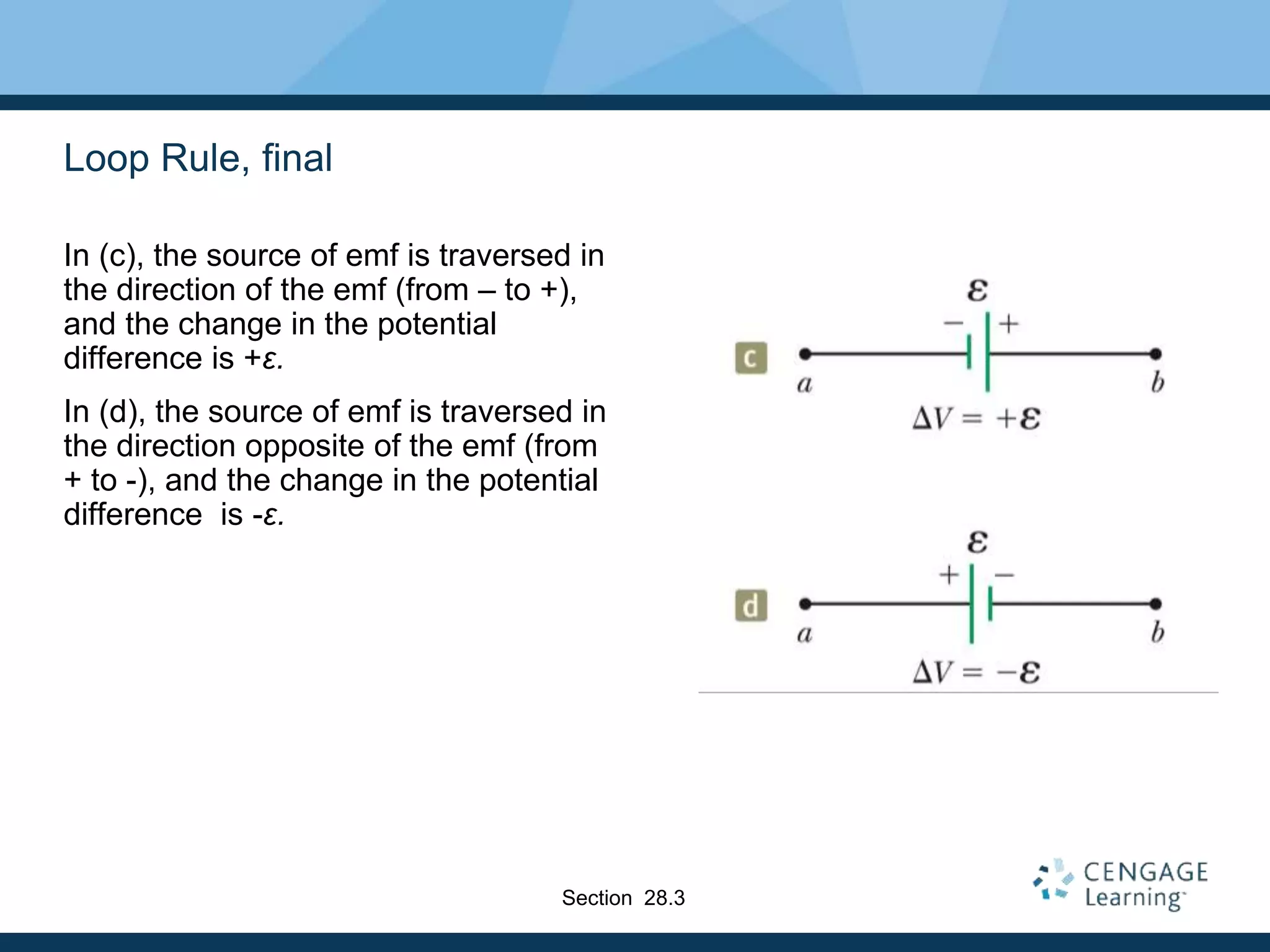Loop Rule, final
In (c), the source of emf is traversed in
the direction of the emf (from – to +),
and the change in the potential
difference is +ε.
In (d), the source of emf is traversed in
the direction opposite of the emf (from
+ to -), and the change in the potential
difference is -ε.
Section 28.3
 