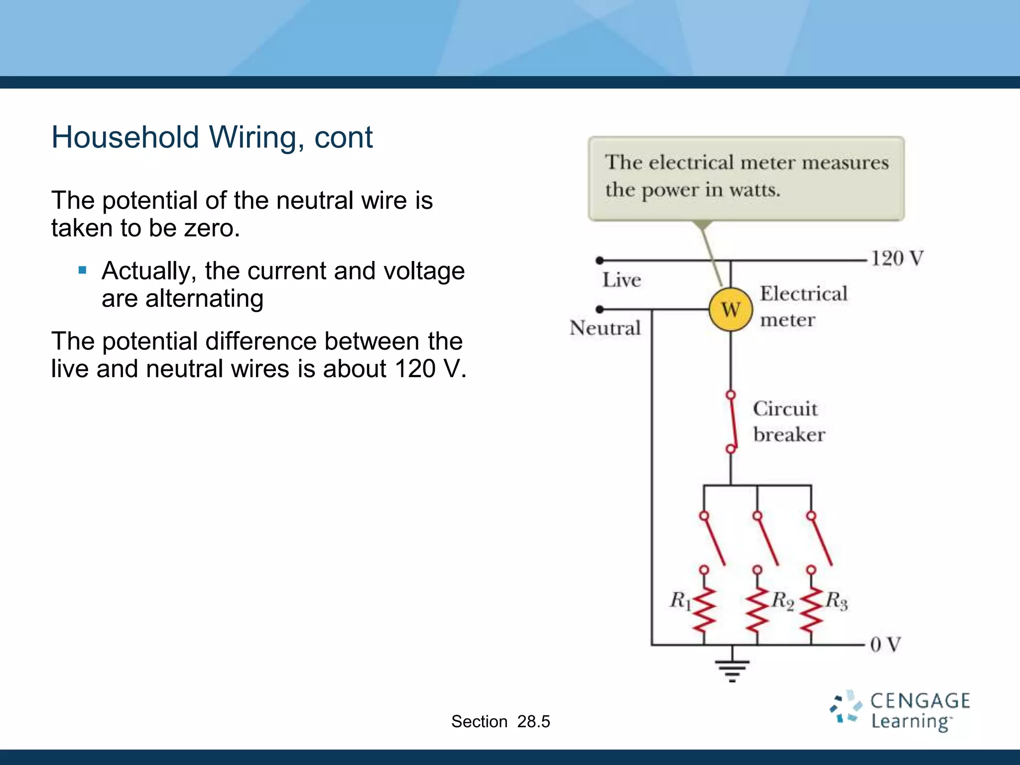Household Wiring, cont
The potential of the neutral wire is
taken to be zero.
 Actually, the current and voltage
are alternating
The potential difference between the
live and neutral wires is about 120 V.
Section 28.5
 
