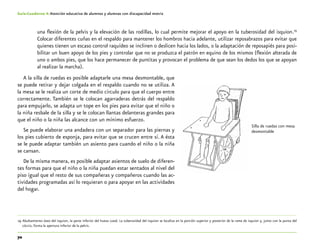 70
Guía-Cuaderno 4: Atención educativa de alumnos y alumnas con discapacidad motriz
una flexión de la pelvis y la elevación de las rodillas, lo cual permite mejorar el apoyo en la tuberosidad del isquion.29
Colocar diferentes cuñas en el respaldo para mantener los hombros hacia adelante, utilizar reposabrazos para evitar que
quienes tienen un escaso control raquídeo se inclinen o deslicen hacia los lados, o la adaptación de reposapiés para posi-
bilitar un buen apoyo de los pies y controlar que no se produzca el patrón en equino de los mismos (flexión alterada de
uno o ambos pies, que los hace permanecer de puntitas y provocan el problema de que sean los dedos los que se apoyan
al realizar la marcha).
A la silla de ruedas es posible adaptarle una mesa desmontable, que
se puede retirar y dejar colgada en el respaldo cuando no se utiliza. A
la mesa se le realiza un corte de medio circulo para que el cuerpo entre
correctamente. También se le colocan agarraderas detrás del respaldo
para empujarlo, se adapta un tope en los pies para evitar que el niño o
la niña resbale de la silla y se le colocan llantas delanteras grandes para
que el niño o la niña las alcance con un mínimo esfuerzo.
Se puede elaborar una andadera con un separador para las piernas y
los pies cubierto de esponja, para evitar que se crucen entre sí. A ésta
se le puede adaptar también un asiento para cuando el niño o la niña
se cansan.
De la misma manera, es posible adaptar asientos de suelo de diferen-
tes formas para que el niño o la niña puedan estar sentados al nivel del
piso igual que el resto de sus compañeras y compañeros cuando las ac-
tividades programadas así lo requieran o para apoyar en las actividades
del hogar.
	29	Abultamiento óseo del isquion, la parte inferior del hueso coxal. La tuberosidad del isquion se localiza en la porción superior y posterior de la rama de isquion y, junto con la punta del
cóccix, forma la apertura inferior de la pelvis.
Silla de ruedas con mesa
desmontable
 