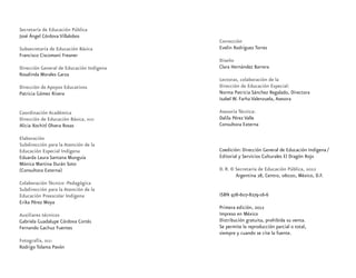 Secretaría de Educación Pública
José Ángel Córdova Villalobos
Subsecretaría de Educación Básica
Francisco Ciscomani Freaner
Dirección General de Educación Indígena
Rosalinda Morales Garza
Dirección de Apoyos Educativos
Patricia Gómez Rivera
Coordinación Académica
Dirección de Educación Básica, dgei
Alicia Xochitl Olvera Rosas
Elaboración
Subdirección para la Atención de la
Educación Especial Indígena
Eduarda Laura Santana Munguía
Mónica Martina Durán Soto
(Consultora Externa)
Colaboración Técnico -Pedagógica
Subdirección para la Atención de la
Educación Preescolar Indígena
Erika Pérez Moya
Auxiliares técnicos
Gabriela Guadalupe Córdova Cortés
Fernando Gachuz Fuentes
Fotografía, dgei
Rodrigo Tolama Pavón
Corrección
Evelin Rodríguez Torres
Diseño
Clara Hernández Barrera
Lectoras, colaboración de la
Dirección de Educación Especial:
Norma Patricia Sánchez Regalado, Directora
Isabel W. Farha Valenzuela, Asesora
Asesoría Técnica:
Dalila Pérez Valle
Consultora Externa
Coedición: Dirección General de Educación Indígena ⁄
Editorial y Servicios Culturales El Dragón Rojo
D. R. © Secretaría de Educación Pública, 2012
Argentina 28, Centro, 06020, México, D.F.
ISBN 978-607-8279-16-6
Primera edición, 2012
Impreso en México
Distribución gratuita, prohibida su venta.
Se permite la reproducción parcial o total,
siempre y cuando se cite la fuente.
 