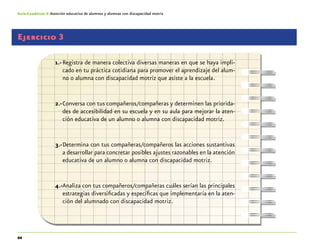 44
Guía-Cuaderno 4: Atención educativa de alumnos y alumnas con discapacidad motriz
Ejercicio 3
1.-	Registra de manera colectiva diversas maneras en que se haya impli-
cado en tu práctica cotidiana para promover el aprendizaje del alum-
no o alumna con discapacidad motriz que asiste a la escuela.
2.-	Conversa con tus compañeros/compañeras y determinen las priorida-
des de accesibilidad en su escuela y en su aula para mejorar la aten-
ción educativa de un alumno o alumna con discapacidad motriz.
3.-	Determina con tus compañeras/compañeros las acciones sustantivas
a desarrollar para concretar posibles ajustes razonables en la atención
educativa de un alumno o alumna con discapacidad motriz.
4.-	Analiza con tus compañeros/compañeras cuáles serían las principales
estrategias diversificadas y específicas que implementaría en la aten-
ción del alumnado con discapacidad motriz.
 
