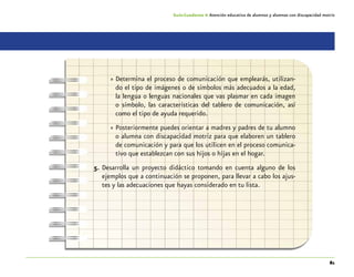 81
Guía-Cuaderno 4: Atención educativa de alumnos y alumnas con discapacidad motriz
»» Determina el proceso de comunicación que emplearás, utilizan-
do el tipo de imágenes o de símbolos más adecuados a la edad,
la lengua o lenguas nacionales que vas plasmar en cada imagen
o símbolo, las características del tablero de comunicación, así
como el tipo de ayuda requerido.
»» Posteriormente puedes orientar a madres y padres de tu alumno
o alumna con discapacidad motriz para que elaboren un tablero
de comunicación y para que los utilicen en el proceso comunica-
tivo que establezcan con sus hijos o hijas en el hogar.
5.	Desarrolla un proyecto didáctico tomando en cuenta alguno de los
ejemplos que a continuación se proponen, para llevar a cabo los ajus-
tes y las adecuaciones que hayas considerado en tu lista.
 