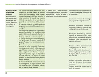88
Guía-Cuaderno 4: Atención educativa de alumnos y alumnas con discapacidad motriz
b) Definición de
preguntas e
hipótesis
Ayuda a reflexio-
nar sobre el tema
a investigar para
centrar al alumno
en el objeto de
investigación
Los alumnos y alumnas se mostraron inte-
resados, por lo que el maestro les propuso
realizar una investigación sobre el zapo-
teco en Santa María del Tule. Los niños y
niñas estuvieron de acuerdo y el maestro
inició la organización de las actividades a
partir de las intervenciones del alumnado.
El maestro preguntó: ¿A quién podemos
preguntar sobre esto? ¿Dónde podemos in-
vestigar?
Los niños/niñas respondieron:Podemos pre-
guntar a los abuelos, a los vendedores, a los
papás y al director de la escuela. ¡También le
podemos preguntar a nuestros vecinos!
Al finalizar las intervenciones de los alum-
nos y alumnas, el maestro cuestionó al
grupo: ¿Para qué nos servirá esta investi-
gación?
Uno de los niños respondió: Para saber
cuántas personas todavía hablan zapoteco
y pedirles que nos enseñen a hablarlo.Ade-
más —respondió otro alumno—, la inves-
tigación la podemos pegar en el periódico
mural de la escuela y en la plaza del pueblo
para que los demás vean cuántas personas
hablan zapoteco.
El maestro les hizo la observación de que
su investigación no explicaría todo, sólo
una parte de lo que sucede en la comuni-
dad en relación con el zapoteco.
El maestro invita a Donají a contes-
tar las preguntas de sus compañeros
y compañeras y al resto del grupo a
escuchar con atención sus respuestas.
Interpreten un croquis para identifi-
car trayectos a lugares específicos de
su comunidad.
Construyan hipótesis de investiga-
ción, a partir de sus predicciones.
Recuperen información a través de
entrevistas y elaboren preguntas que
recaban la información deseada.
Planifiquen, desarrollen y elaboren
reportes de entrevistas para obte-
ner y registrar información según los
propósitos y los interlocutores pre-
viamente definidos.
Respeten y valoren la diversidad cul-
tural y lingüística de México.
Reúnan información de situaciones
familiares y las representa por medio
de objetos, dibujos, números, o cua-
dros sencillos.
Utilicen información registrada en
notas para dar cuenta de un proceso
observado.
Empleen ortografía convencional a
partir de modelos.
 