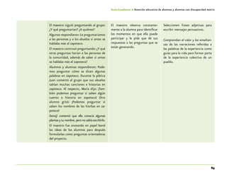 89
Guía-Cuaderno 4: Atención educativa de alumnos y alumnas con discapacidad motriz
El maestro siguió preguntando al grupo:
¿Y qué preguntarían? ¿A quiénes?
Algunos respondieron:Le preguntaríamos
a las personas y a los abuelos si antes se
hablaba más el zapoteco.
El maestro continuó preguntando: ¿Y qué
otras preguntas harían a las personas de
la comunidad, además de saber si antes
se hablaba más el zapoteco?
Alumnos y alumnas respondieron: Pode-
mos preguntar cómo se dicen algunas
palabras en zapoteco. Durante la plática
Juan comentó al grupo que sus abuelos
sabían muchas canciones e historias en
zapoteco. Al respecto, María dijo: ¡Tam-
bién podemos preguntar si saben algún
cuento o historia en zapoteco! Otro
alumno gritó: ¡Podemos preguntar si
saben los nombres de las hierbas en za-
poteco!
Donají comentó que ella conocía algunas
plantas y su nombre, pero no sabía escribirlo.
El maestro fue anotando en papel bond
las ideas de los alumnos para después
formularlas como preguntas orientadoras
del proyecto.
El maestro observa constante-
mente a la alumna para identificar
los momentos en que ella puede
participar y le pide que dé sus
respuestas a las preguntas que se
están generando.
Seleccionen frases adjetivas para
escribir mensajes persuasivos.
Comprendan el valor y las enseñan-
zas de las narraciones referidas a
las palabras de la experiencia como
guías para la vida para formar parte
de la experiencia colectiva de un
pueblo.
 