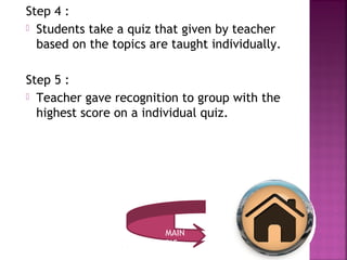 Step 4 : 
 Students take a quiz that given by teacher 
based on the topics are taught individually. 
Step 5 : 
 Teacher gave recognition to group with the 
highest score on a individual quiz. 
MAIN 
TOPIC 
 