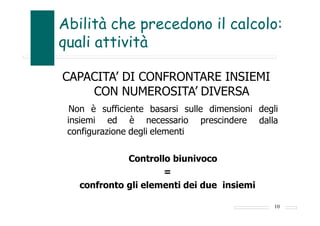 Abilità che precedono il calcolo:
quali attività
CAPACITA’ DI CONFRONTARE INSIEMI
CON NUMEROSITA’ DIVERSA
degli
dalla
10
Non è sufficiente basarsi sulle dimensioni
insiemi ed è necessario prescindere
configurazione degli elementi
Controllo biunivoco
=
confronto gli elementi dei due insiemi
 