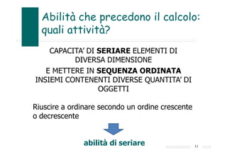 Abilità che precedono il calcolo:
quali attività?
CAPACITA’ DI SERIARE ELEMENTI DI
DIVERSA DIMENSIONE
E METTERE IN SEQUENZA ORDINATA
INSIEMI CONTENENTI DIVERSE QUANTITA’ DI
OGGETTI
Riuscire a ordinare secondo un ordine crescente
o decrescente
abilità di seriare 11
 