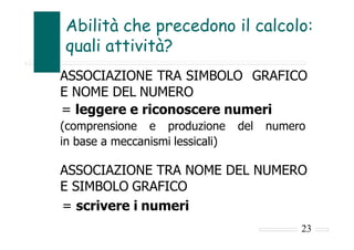 Abilità che precedono il calcolo:
quali attività?
ASSOCIAZIONE TRA SIMBOLO GRAFICO
E NOME DEL NUMERO
= leggere e riconoscere numeri
(comprensione e produzione del numero
in base a meccanismi lessicali)
ASSOCIAZIONE TRA NOME DEL NUMERO
E SIMBOLO GRAFICO
= scrivere i numeri
23
 