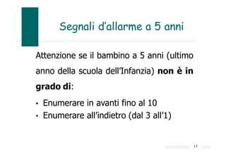 Segnali d’allarme a 5 anni
Attenzione se il bambino a 5 anni (ultimo
anno della scuola dell’Infanzia) non è in
grado di:
• Enumerare in avanti fino al 10
• Enumerare all’indietro (dal 3 all’1)
15
 