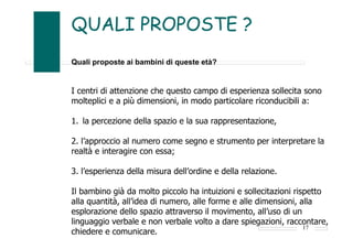 17
QUALI PROPOSTE ?
Quali proposte ai bambini di queste età?
I centri di attenzione che questo campo di esperienza sollecita sono
molteplici e a più dimensioni, in modo particolare riconducibili a:
1. la percezione della spazio e la sua rappresentazione,
2. l’approccio al numero come segno e strumento per interpretare la
realtà e interagire con essa;
3. l’esperienza della misura dell’ordine e della relazione.
Il bambino già da molto piccolo ha intuizioni e sollecitazioni rispetto
alla quantità, all’idea di numero, alle forme e alle dimensioni, alla
esplorazione dello spazio attraverso il movimento, all’uso di un
linguaggio verbale e non verbale volto a dare spiegazioni, raccontare,
chiedere e comunicare.
 