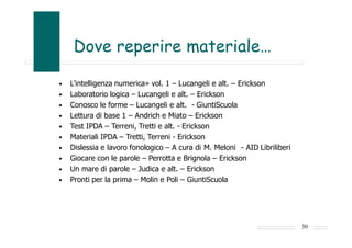 Dove reperire materiale…
• L’intelligenza numerica» vol. 1 – Lucangeli e alt. – Erickson
• Laboratorio logica – Lucangeli e alt. – Erickson
• Conosco le forme – Lucangeli e alt. - GiuntiScuola
• Lettura di base 1 – Andrich e Miato – Erickson
• Test IPDA – Terreni, Tretti e alt. - Erickson
• Materiali IPDA – Tretti, Terreni - Erickson
• Dislessia e lavoro fonologico – A cura di M. Meloni - AID Libriliberi
• Giocare con le parole – Perrotta e Brignola – Erickson
• Un mare di parole – Judica e alt. – Erickson
• Pronti per la prima – Molin e Poli – GiuntiScuola
30
 