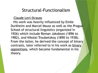 Structural-Functionalism
. His work was heavily influenced by Emile
Durkheim and Marcel Mauss as well as the Prague
School of structural linguistics (organized in
1926) which include Roman Jakobson (1896 to
1982), and Nikolai Troubetzkoy (1890 to 1938).
From the latter, he derived the concept of binary
contrasts, later referred to in his work as binary
oppositions, which became fundamental in his
theory.
Claude Levi-Strauss
 