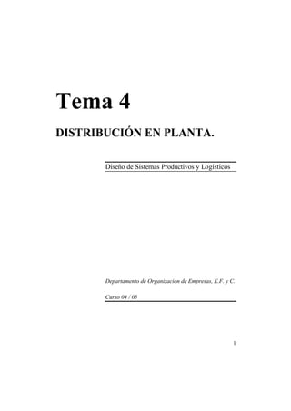 1
Tema 4
DISTRIBUCIÓN EN PLANTA.
Diseño de Sistemas Productivos y Logísticos
Departamento de Organización de Empresas, E.F. y C.
Curso 04 / 05
 