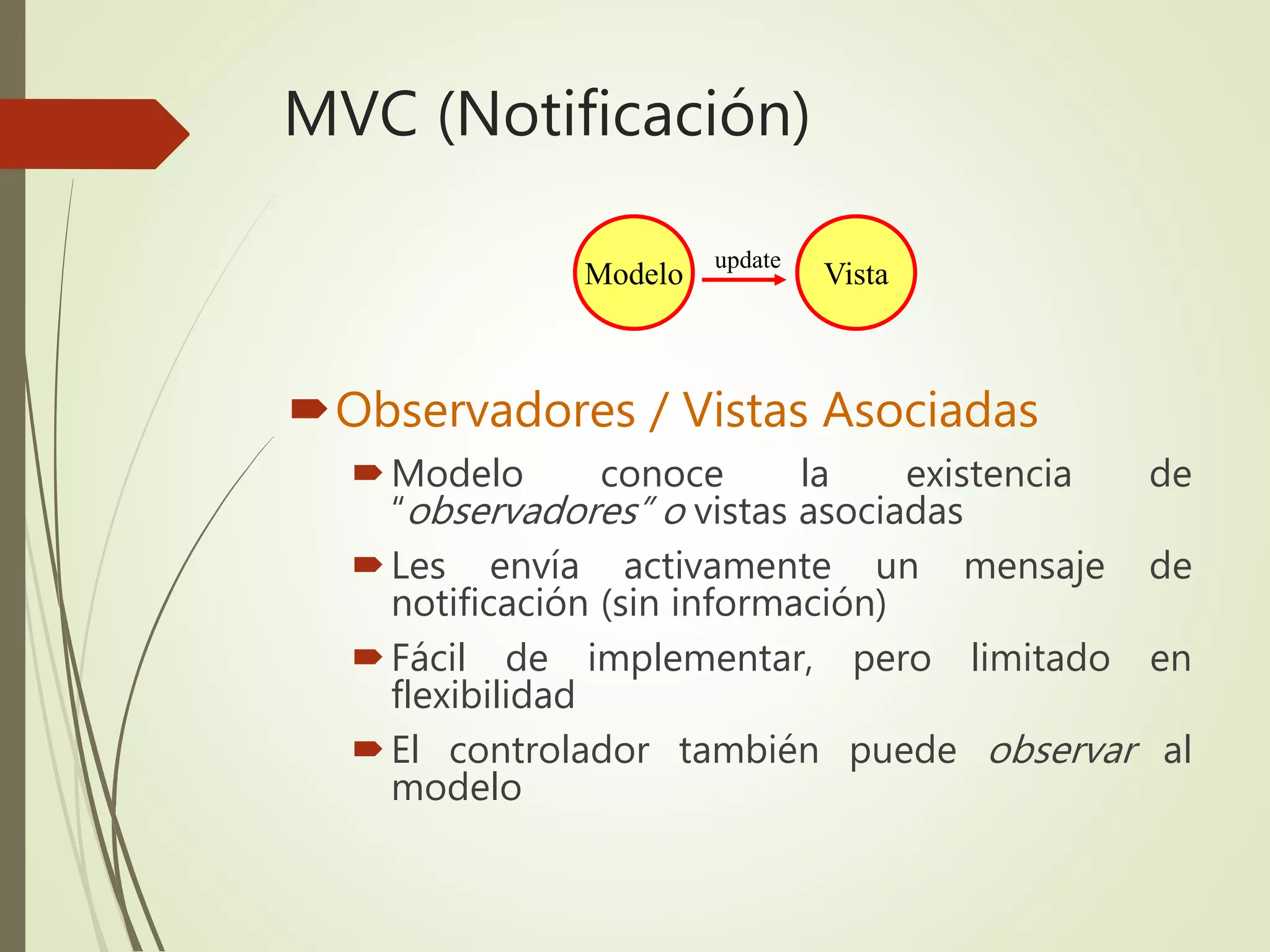 MVC (Notificación)
Observadores / Vistas Asociadas
Modelo conoce la existencia de
“observadores” o vistas asociadas
Les envía activamente un mensaje de
notificación (sin información)
Fácil de implementar, pero limitado en
flexibilidad
El controlador también puede observar al
modelo
Modelo Vista
update
 