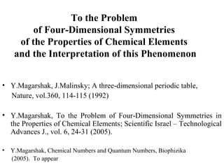 To the Problem
of Four-Dimensional Symmetries
of the Properties of Chemical Elements
and the Interpretation of this Phenomenon
• Y.Magarshak, J.Malinsky; A three-dimensional periodic table,
Nature, vol.360, 114-115 (1992)
• Y.Magarshak, To the Problem of Four-Dimensional Symmetries in
the Properties of Chemical Elements; Scientific Israel – Technological
Advances J., vol. 6, 24-31 (2005).
• Y.Magarshak, Chemical Numbers and Quantum Numbers, Biophizika
(2005). To appear
 