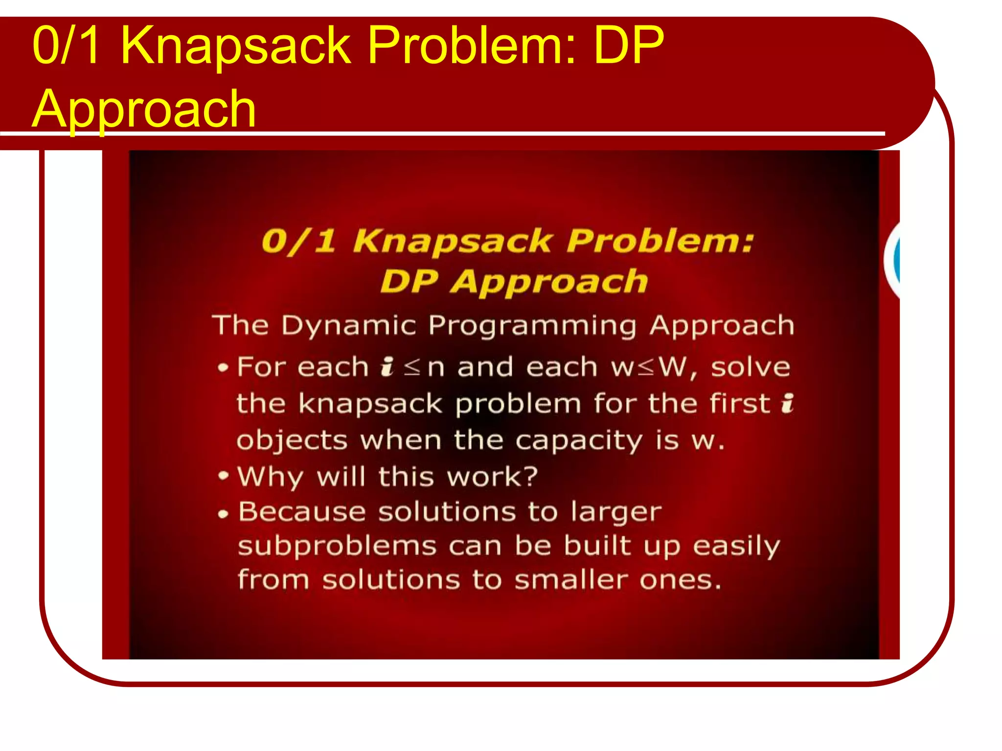 0/1 Knapsack Problem: DP
Approach