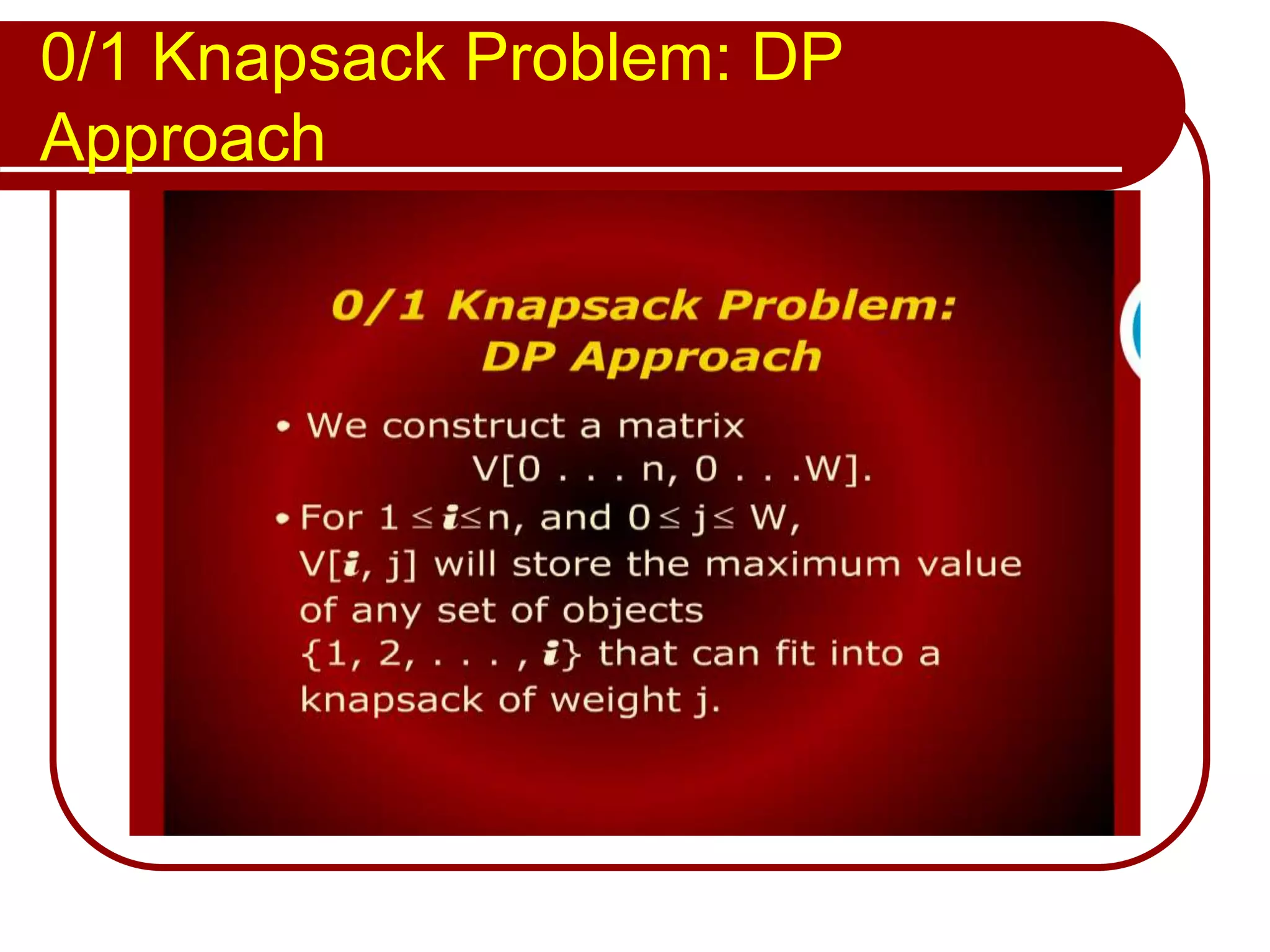 0/1 Knapsack Problem: DP
Approach