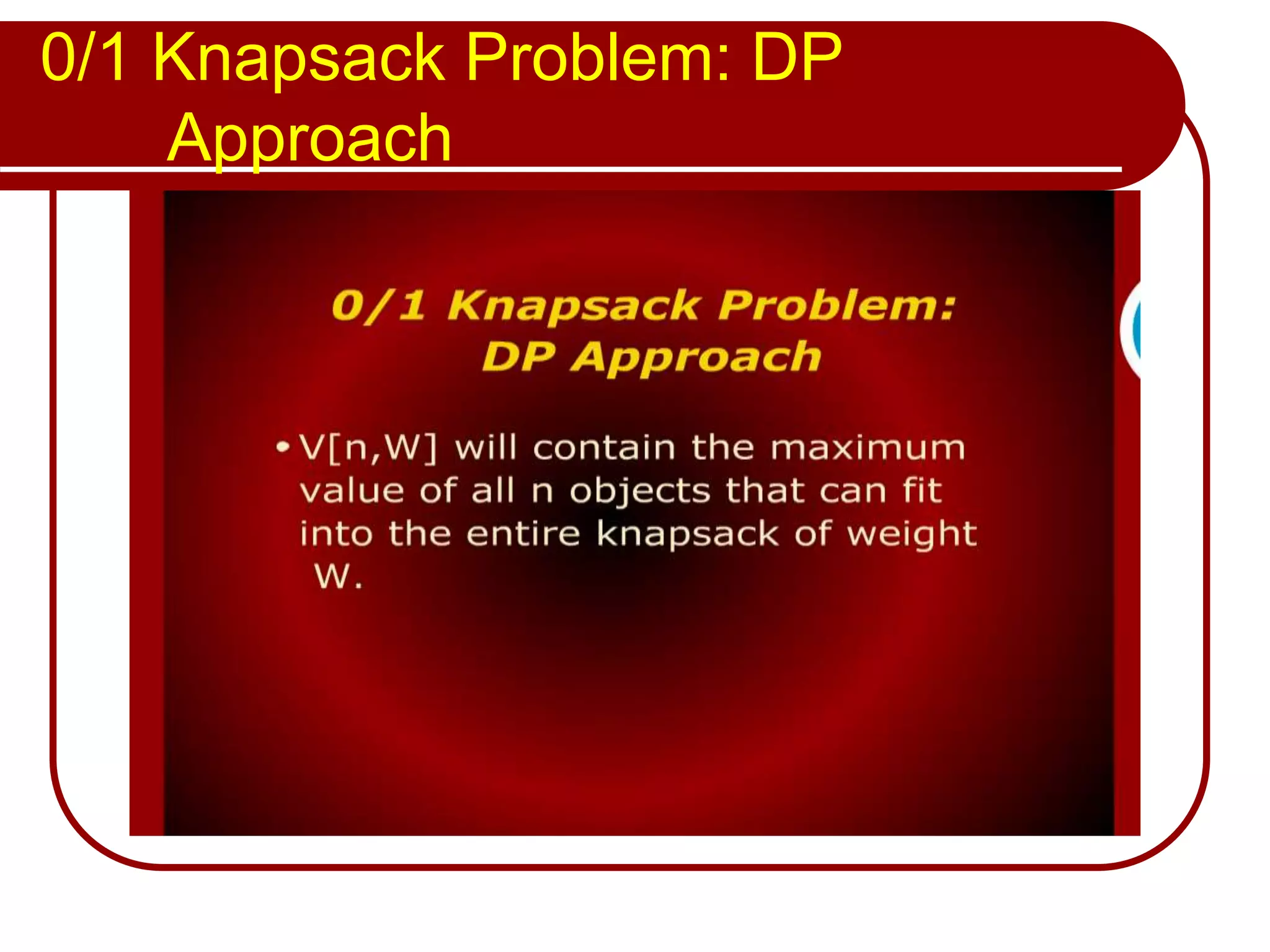 0/1 Knapsack Problem: DP
Approach