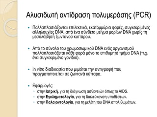 Αλυσιδωτή αντίδραση πολυμεράσης (PCR)
 Πολλαπλασιάζονται επιλεκτικά, εκατομμύρια φορές, συγκεκριμένες
αλληλoυχίες DNA, από ένα σύνθετο μείγμα μορίων DNA χωρίς τη
μεσολάβηση ζωντανού κυττάρου.
 Από το σύνολο του χρωμοσωμικού DNA ενός οργανισμού
πολλαπλασιάζεται κάθε φορά μόνο το επιθυμητό τμήμα DNA (π.χ.
ένα συγκεκριμένο γονίδιο).
 In vitro διαδικασία που μιμείται την αντιγραφή που
πραγματοποιείται σε ζωντανά κύτταρα.
 Εφαρμογές:
◦ στην Ιατρική, για τη διάγνωση ασθενειών όπως το AIDS.
◦ στην Εγκληματολογία, για τη διαλεύκανση υποθέσεων.
◦ στην Παλαιοντολογία, για τη μελέτη του DNA απολιθωμάτων.
 