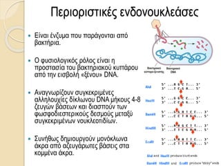 Περιοριστικές ενδονουκλεάσες
 Είναι ένζυμα που παράγονται από
βακτήρια.
 Ο φυσιολογικός ρόλος είναι η
προστασία του βακτηριακού κυττάρου
από την εισβολή «ξένου» DNA.
 Αναγνωρίζουν συγκεκριμένες
αλληλουχίες δίκλωνου DNA μήκους 4-8
ζευγών βάσεων και διασπούν των
φωσφοδιεστερικούς δεσμούς μεταξύ
συγκεκριμένων νουκλεοτιδίων.
 Συνήθως δημιουργούν μονόκλωνα
άκρα από αζευγάρωτες βάσεις στα
κομμένα άκρα.
 