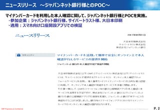 © 2017 Dai Nippon Printing Co.,Ltd. All Rights Reserved.
2
Ｐ．2DNP Proprietary & Confidential
ニュースリリース ～ジャパンネット銀行様とのPOC～
マイナンバーカードを利用した本人確認に関して、ジャパンネット銀行様とPOCを実施。
・参加企業：ジャパンネット銀行様、サイバートラスト様、大日本印刷
・適用：スマホ向け口座開設アプリでの検証
 
