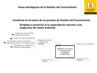 Areas estratégicas de la Gestión del Conocimiento




Iniciativas en el marco de un proceso de Gestión del Conocimiento
     Dirigidas a promover la la capacidad de reacción a las
     exigencias del medio ambiente
 