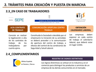 2. TRÁMITES PARA CREACIÓN Y PUESTA EN MARCHA
2.3_EN CASO DE TRABAJADORES
ALTA CONTRATO
DE TRABAJO
COMUNICACIÓN APERTURA CENTRO
TRABAJO
OBTENCIÓN
CALENDARIO LABORAL
Consiste en realizar
la legalización o alta
de los contratos de
trabajo de los
trabajadores por
cuenta ajena.
Constituida la Sociedad o decidida por el
empresario la iniciación de su actividad,
se deberá proceder a la comunicación
de apertura del centro de trabajo, a
efectos del control de las condiciones de
Seguridad y Salud Laboral.
Las empresas deben
exponer en cada centro
de trabajo el calendario
laboral, que deberá estar
en lugar visible.
2.4_COMPLEMENTARIOS
REGISTRO DE SIGNOS DISTINTIVOS
Los Signos Distintivos se utilizan en la industria y en el
comercio para distinguir los productos o servicios de un
empresa de las demás concurrentes en el mercado.
 
