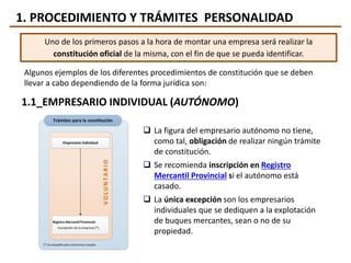 1. PROCEDIMIENTO Y TRÁMITES PERSONALIDAD
Uno de los primeros pasos a la hora de montar una empresa será realizar la
constitución oficial de la misma, con el fin de que se pueda identificar.
1.1_EMPRESARIO INDIVIDUAL (AUTÓNOMO)
 La figura del empresario autónomo no tiene,
como tal, obligación de realizar ningún trámite
de constitución.
 Se recomienda inscripción en Registro
Mercantil Provincial si el autónomo está
casado.
 La única excepción son los empresarios
individuales que se dediquen a la explotación
de buques mercantes, sean o no de su
propiedad.
Algunos ejemplos de los diferentes procedimientos de constitución que se deben
llevar a cabo dependiendo de la forma jurídica son:
 