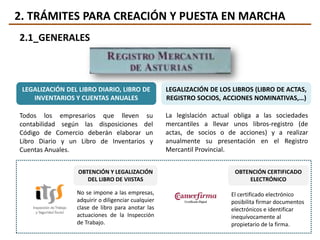 2. TRÁMITES PARA CREACIÓN Y PUESTA EN MARCHA
2.1_GENERALES
LEGALIZACIÓN DEL LIBRO DIARIO, LIBRO DE
INVENTARIOS Y CUENTAS ANUALES
Todos los empresarios que lleven su
contabilidad según las disposiciones del
Código de Comercio deberán elaborar un
Libro Diario y un Libro de Inventarios y
Cuentas Anuales.
LEGALIZACIÓN DE LOS LIBROS (LIBRO DE ACTAS,
REGISTRO SOCIOS, ACCIONES NOMINATIVAS,…)
La legislación actual obliga a las sociedades
mercantiles a llevar unos libros-registro (de
actas, de socios o de acciones) y a realizar
anualmente su presentación en el Registro
Mercantil Provincial.
OBTENCIÓN Y LEGALIZACIÓN
DEL LIBRO DE VIISTAS
No se impone a las empresas,
adquirir o diligenciar cualquier
clase de libro para anotar las
actuaciones de la Inspección
de Trabajo.
OBTENCIÓN CERTIFICADO
ELECTRÓNICO
El certificado electrónico
posibilita firmar documentos
electrónicos e identificar
inequívocamente al
propietario de la firma.
 