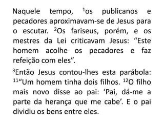   Naquele tempo, 1os publicanos e pecadores aproximavam-se de Jesus para o escutar. 2Os fariseus, porém, e os mestres da Lei criticavam Jesus: “Este homem acolhe os pecadores e faz refeição com eles”.3Então Jesus contou-lhes esta parábola:11“Um homem tinha dois filhos. 12O filho mais novo disse ao pai: ‘Pai, dá-me a parte da herança que me cabe’. E o pai dividiu os bens entre eles.