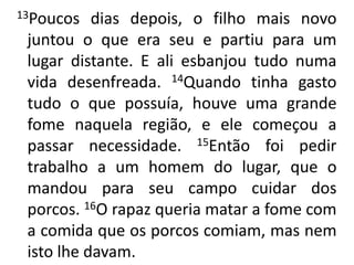  13Poucos dias depois, o filho mais novo juntou o que era seu e partiu para um lugar distante. E ali esbanjou tudo numa vida desenfreada. 14Quando tinha gasto tudo o que possuía, houve uma grande fome naquela região, e ele começou a passar necessidade. 15Então foi pedir trabalho a um homem do lugar, que o mandou para seu campo cuidar dos porcos. 16O rapaz queria matar a fome com a comida que os porcos comiam, mas nem isto lhe davam.