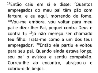     17Então caiu em si e disse: ‘Quantos empregados do meu pai têm pão com fartura, e eu aqui, morrendo de fome. 18Vou-me embora, vou voltar para meu pai e dizer-lhe: Pai, pequei contra Deus e contra ti; 19já não mereço ser chamado teu filho. Trata-me como a um dos teus empregados’. 20Então ele partiu e voltou para seu pai. Quando ainda estava longe, seu pai o avistou e sentiu compaixão. Correu-lhe ao encontro, abraçou-o e cobriu-o de beijos.