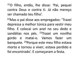      21O filho, então, lhe disse: ‘Pai, pequei contra Deus e contra ti. Já não mereço ser chamado teu filho’.22Mas o pai disse aos empregados: ‘Trazei depressa a melhor túnica para vestir meu filho. E colocai um anel no seu dedo e sandálias nos pés. 23Trazei um novilho gordo e matai-o. Vamos fazer um banquete. 24Porque este meu filho estava morto e tornou a viver; estava perdido e foi encontrado’. E começaram a festa.