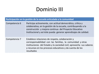 Dominio III
Participación en la gestión de la escuela articulada a la comunidad
Competencia 6 Participa activamente, con actitud democrática, crítica y
colaborativa, en la gestión de la escuela, contribuyendo a la
construcción y mejora continua del Proyecto Educativo
Institucional y así éste pueda generar aprendizajes de calidad.
Competencia 7 Establece relaciones de respeto, colaboración y
corresponsabilidad con las familias, la comunidad y otras
instituciones del Estado y la sociedad civil; aprovecha sus saberes
y recursos en los procesos educativos y da cuenta de los
resultados
 