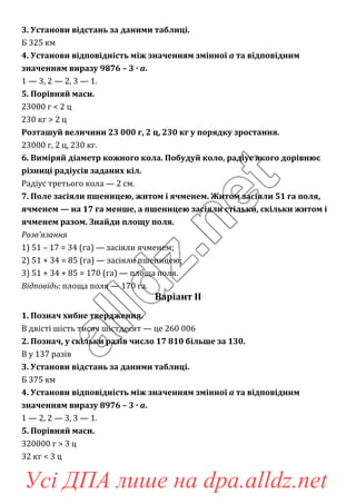 3. Установи відстань за даними таблиці.
Б 325 км
4. Установи відповідність між значенням змінної a та відповідним
значенням виразу 9876 – 3 · a.
1 — 3, 2 — 2, 3 — 1.
5. Порівняй маси.
23000 г < 2 ц
230 кг > 2 ц
Розташуй величини 23 000 г, 2 ц, 230 кг у порядку зростання.
23000 г, 2 ц, 230 кг.
6. Виміряй діаметр кожного кола. Побудуй коло, радіус якого дорівнює
різниці радіусів заданих кіл.
Радіус третього кола — 2 см.
7. Поле засіяли пшеницею, житом і ячменем. Житом засіяли 51 га поля,
ячменем — на 17 га менше, а пшеницею засіяли стільки, скільки житом і
ячменем разом. Знайди площу поля.
Розв’язання
1) 51 – 17 = 34 (га) — засіяли ячменем;
2) 51 + 34 = 85 (га) — засіяли пшеницею;
3) 51 + 34 + 85 = 170 (га) — площа поля.
Відповідь: площа поля — 170 га.
Варіант ІІ
1. Познач хибне твердження.
В двісті шість тисяч шістдесят — це 260 006
2. Познач, у скільки разів число 17 810 більше за 130.
В у 137 разів
3. Установи відстань за даними таблиці.
Б 375 км
4. Установи відповідність між значенням змінної a та відповідним
значенням виразу 8976 – 3 · a.
1 — 2, 2 — 3, 3 — 1.
5. Порівняй маси.
320000 г > 3 ц
32 кг < 3 ц
Усі ДПА лише на dpa.alldz.net
 