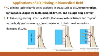 Applications of 4D Printing in biomedical field
4D printing technology is being explored in areas such as tissue regeneration,
soft robotics, diagnostic tools, medical devices, and biologic drug delivery.
1. In tissue engineering, smart scaffolds that mimic natural tissues and respond
to the body environment are being developed to help repair or replace
damaged tissues.
 