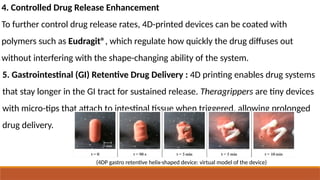 5. Gastrointestinal (GI) Retentive Drug Delivery : 4D printing enables drug systems
that stay longer in the GI tract for sustained release. Theragrippers are tiny devices
with micro-tips that attach to intestinal tissue when triggered, allowing prolonged
drug delivery.
4. Controlled Drug Release Enhancement
To further control drug release rates, 4D-printed devices can be coated with
polymers such as Eudragit®, which regulate how quickly the drug diffuses out
without interfering with the shape-changing ability of the system.
(4DP gastro retentive helix-shaped device: virtual model of the device)
 